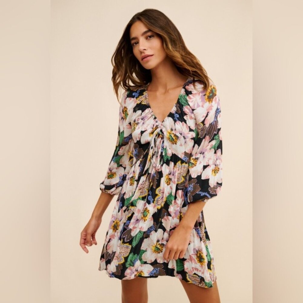 NWT Anthropologie Tiered V-Neck Tunic Dress Floral Mini Size XS Short Boho Flowy